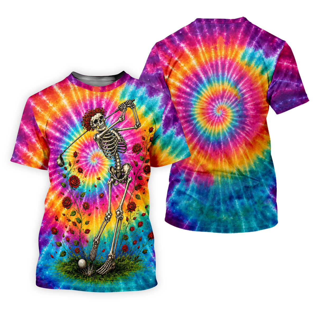 Psychedelic Spiral Tie Dye Skeleton Golf Shirt, Mens Golf Polo, Mens Golf Shirts