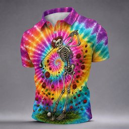 Psychedelic Spiral Tie Dye Skeleton Golf Shirt, Mens Golf Polo, Mens Golf Shirts