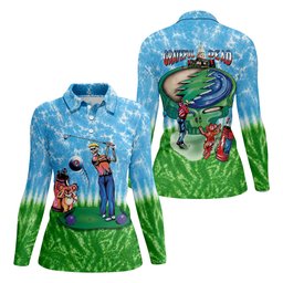 Blue Golf Cartoon Bears Scene Golf Shirt, Ladies Golf Apparel, Golf Shirts For Women