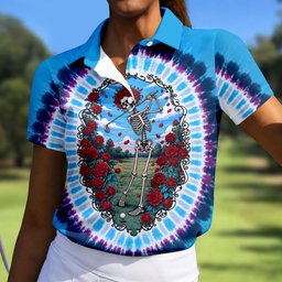 Blue Tie Dye Skeleton Roses Golf Shirt, Golf Shirts For Women, Womens Golf Apparel