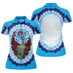 Blue Tie Dye Skeleton Roses Golf Shirt, Golf Shirts For Women, Womens Golf Apparel