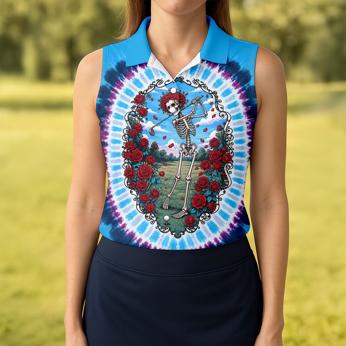 Blue Tie Dye Skeleton Roses Golf Shirt, Golf Shirts For Women, Womens Golf Apparel