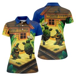 Turtle Cabin Cartoon Scene Painting Golf Shirt, Womens Golf Tops, Womens Golf Apparel