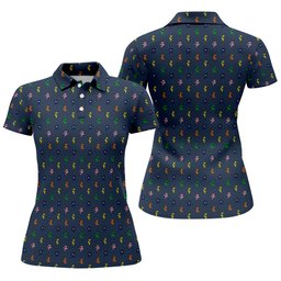 Navy Cartoon Bear Pattern Print Golf Shirt, Womens Golf Apparel, Golf Gifts For Women