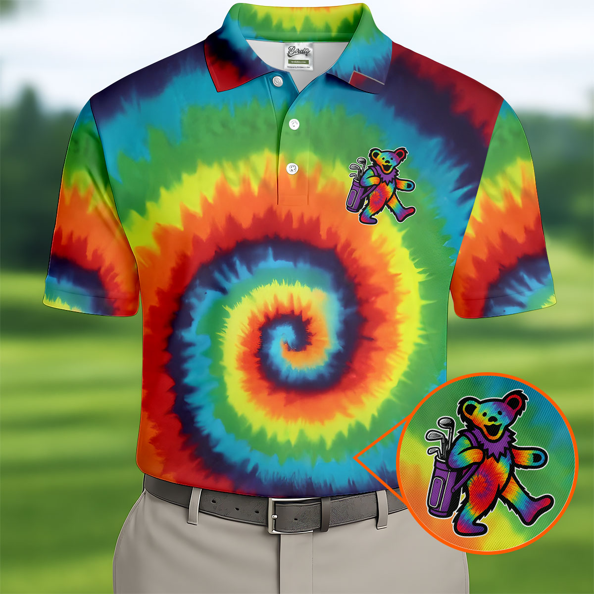 Rainbow Spiral Tie Dye Bear Golf Shirt, Funny Mens Golf Shirts, Golf Polo For Men