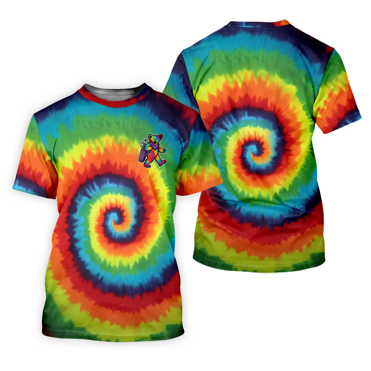 Rainbow Spiral Tie Dye Bear Golf Shirt, Funny Mens Golf Shirts, Golf Polo For Men