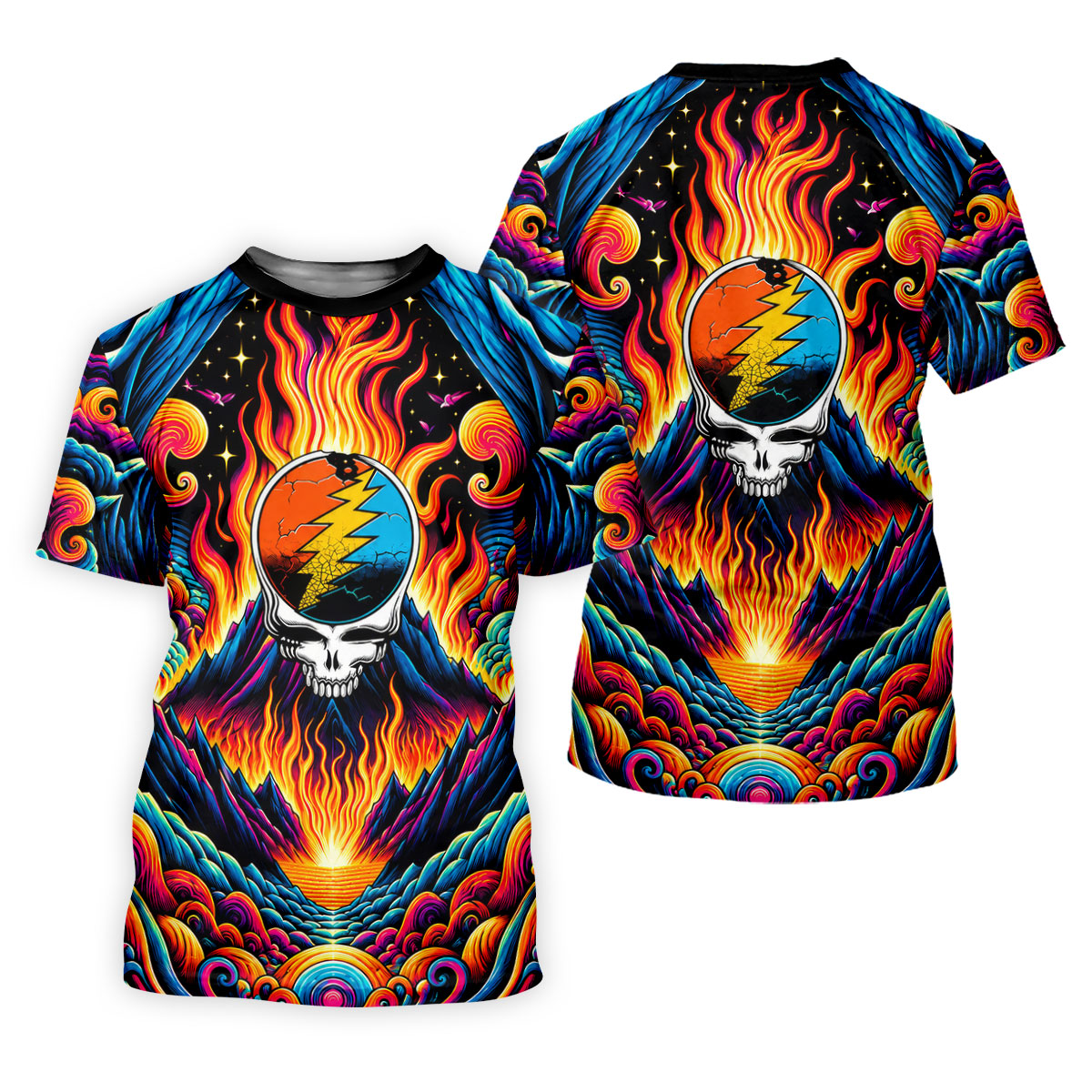 Flaming Skull Psychedelic Art Golf Shirt, Womens Golf Tops, Golf Shirts For Women