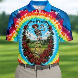 Rainbow Tie Dye Skeleton Roses Golf Shirt, Golf Polo For Men, Golf Gifts For Men