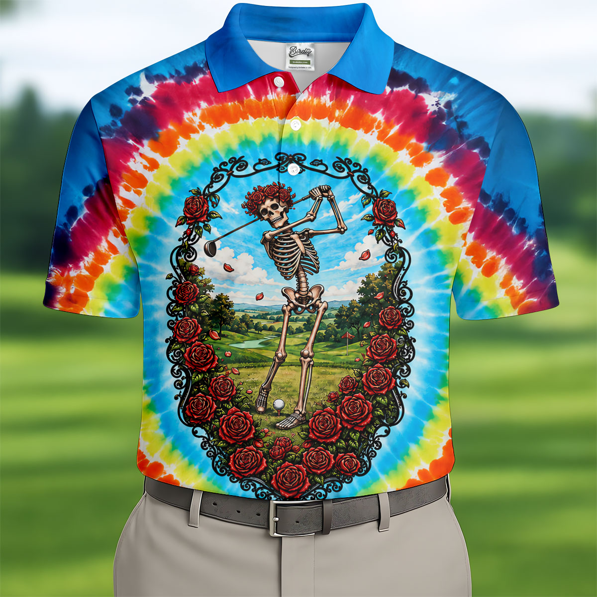 Rainbow Tie Dye Skeleton Roses Golf Shirt, Golf Polo For Men, Golf Gifts For Men