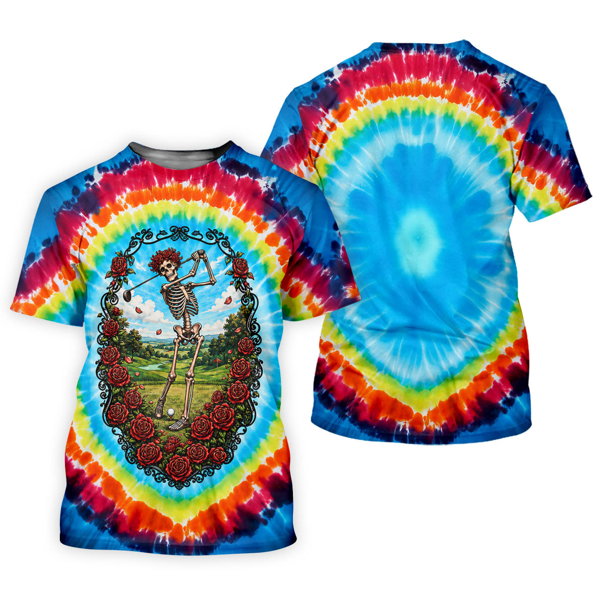 Rainbow Tie Dye Skeleton Roses Golf Shirt, Golf Polo For Men, Golf Gifts For Men