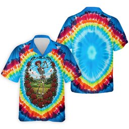 Rainbow Tie Dye Skeleton Roses Golf Shirt, Golf Polo For Men, Golf Gifts For Men
