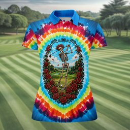 Rainbow Tie Dye Skeleton Roses Golf Shirt, Womens Golf Apparel, Ladies Golf Shirts