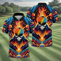Flaming Skull Psychedelic Art Golf Shirt, Mens Golf Polo, Funny Mens Golf Shirts