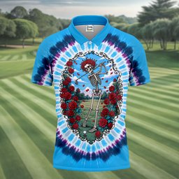 Blue Tie Dye Skeleton Roses Golf Shirt, Funny Mens Golf Shirts, Mens Golf Clothing