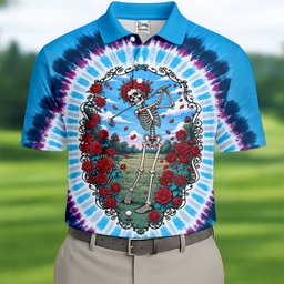 Blue Tie Dye Skeleton Roses Golf Shirt, Funny Mens Golf Shirts, Mens Golf Clothing