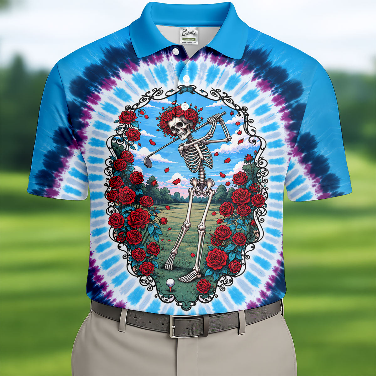 Blue Tie Dye Skeleton Roses Golf Shirt, Funny Mens Golf Shirts, Mens Golf Clothing