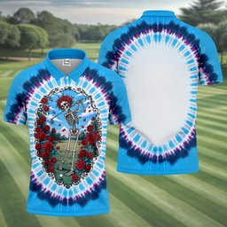 Blue Tie Dye Skeleton Roses Golf Shirt, Funny Mens Golf Shirts, Mens Golf Clothing