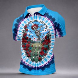 Blue Tie Dye Skeleton Roses Golf Shirt, Funny Mens Golf Shirts, Mens Golf Clothing