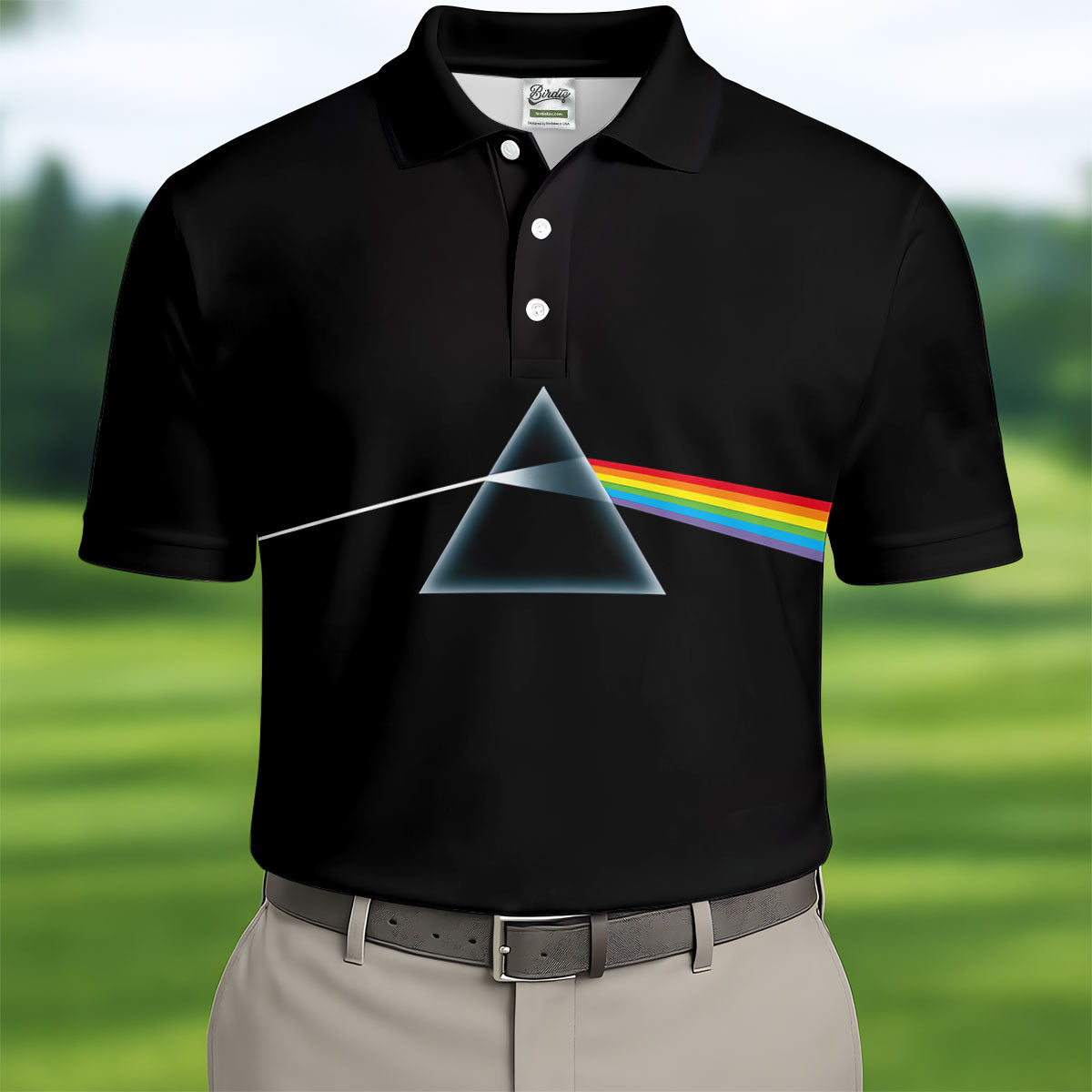 Minimal Black Prism Rainbow Art Golf Shirt, Mens Golf Clothing, Golf Polo For Men
