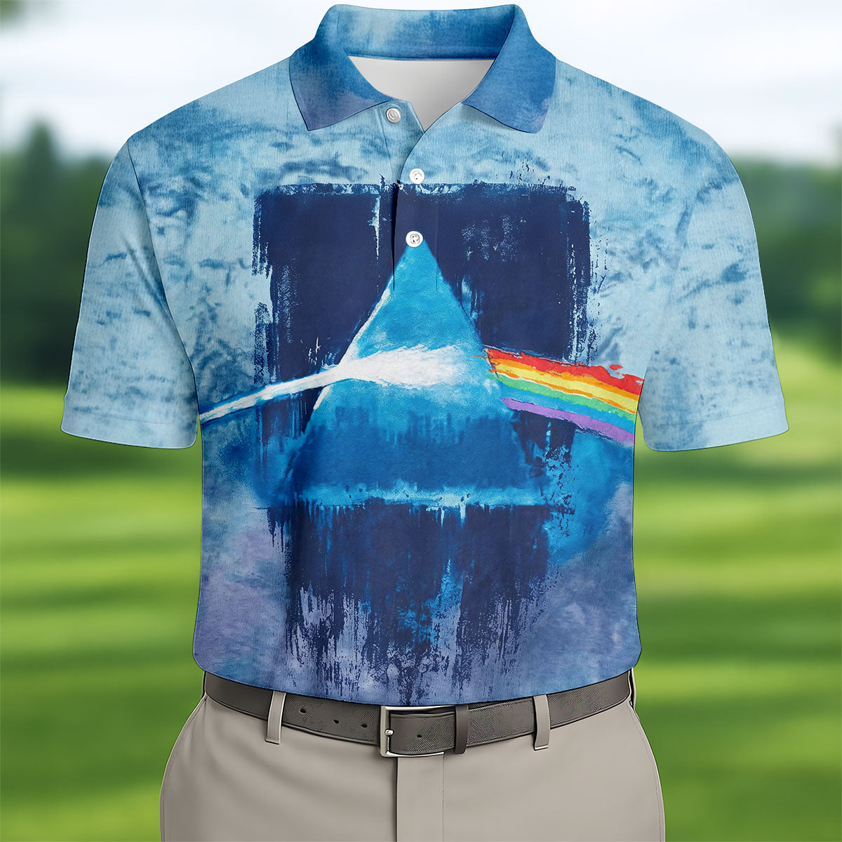 Blue Tie Dye Prism Triangle Art Golf Shirt, Mens Golf Clothing, Golf Polo For Men