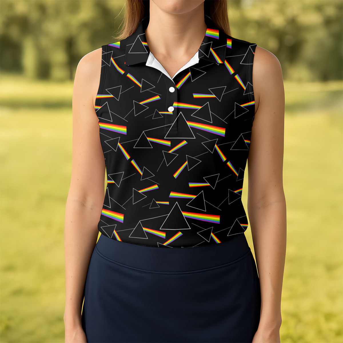 Rainbow Prism Triangle Pattern Golf Shirt, Womens Golf Clothing, Ladies Golf Apparel