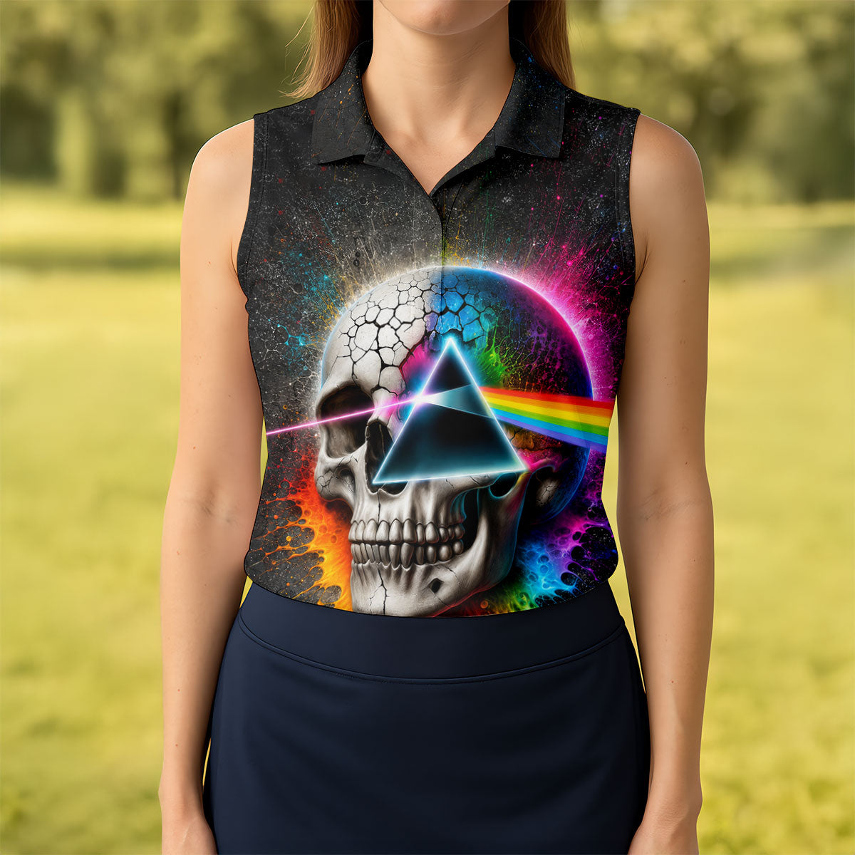 Psychedelic Skull Rainbow Prism Golf Shirt, Womens Golf Clothing, Ladies Golf Apparel
