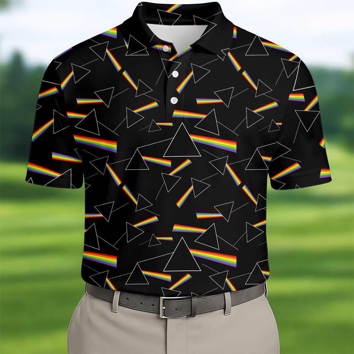 Rainbow Prism Triangle Pattern Golf Shirt, Mens Golf Clothing, Golf Polo For Men