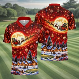Santa Sleigh Comet Christmas Golf Shirt, Mens Golf Polo, Mens Holiday Golf Shirts