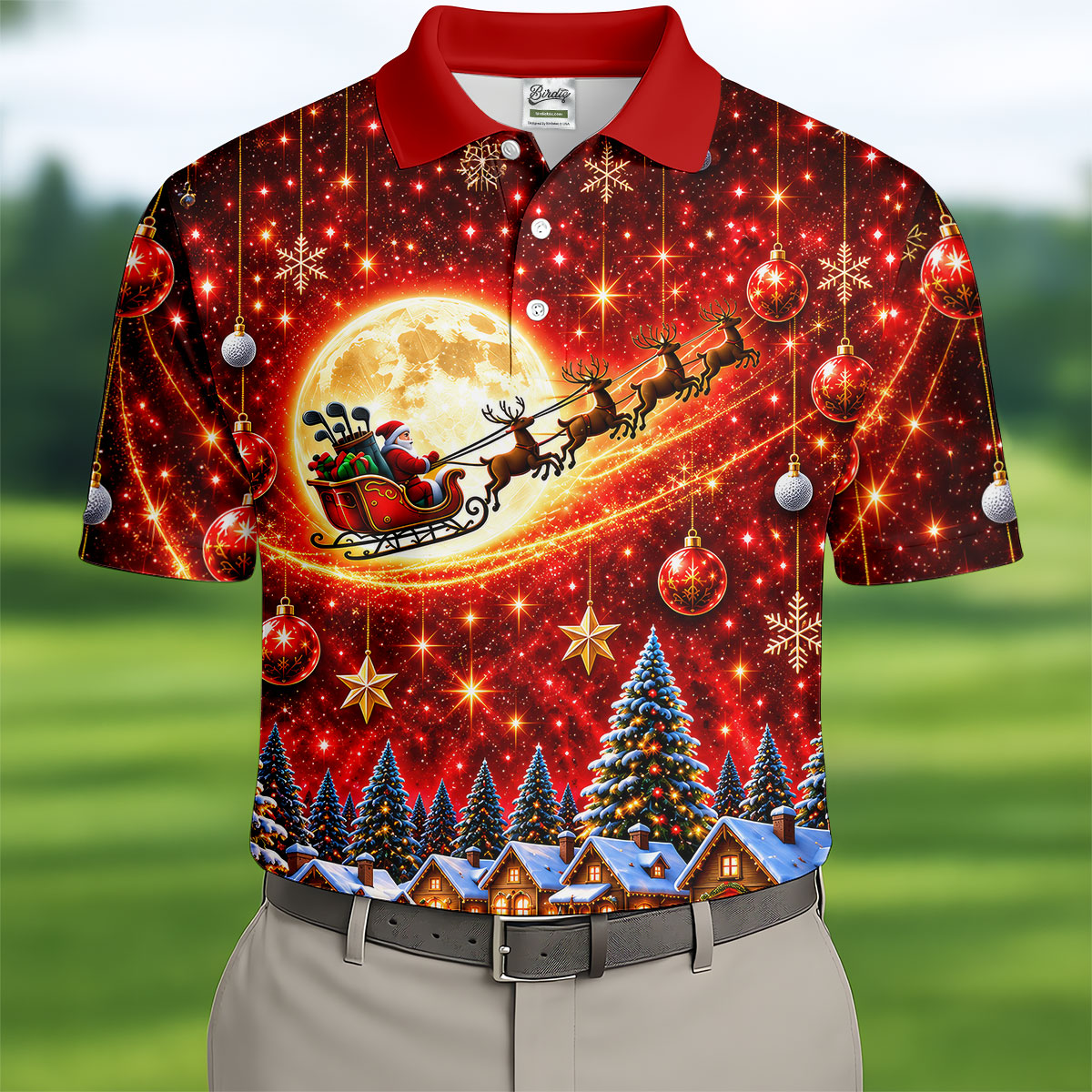 Santa Sleigh Comet Christmas Golf Shirt, Mens Golf Polo, Mens Holiday Golf Shirts