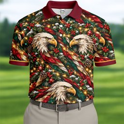 Eagle Pattern Christmas Golf Shirt, Golf Gifts For Men, Mens Holiday Golf Shirts