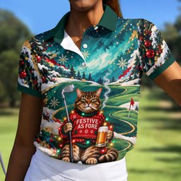 Aurora Cat Beer Christmas Golf Shirt, Womens Golf Apparel, Golf Shirts For Women