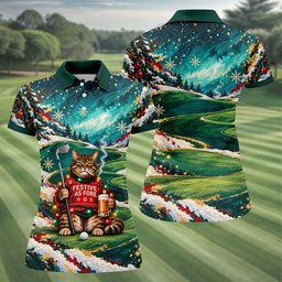 Aurora Cat Beer Christmas Golf Shirt, Womens Golf Apparel, Golf Shirts For Women