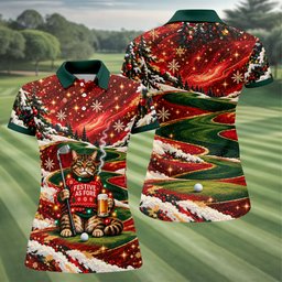 Funny Cat Beer Snow Christmas Golf Shirt, Womens Golf Tops, Golf Shirts For Women