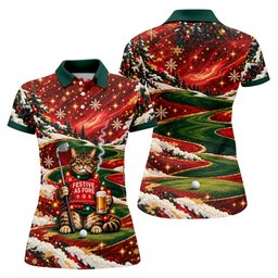 Funny Cat Beer Snow Christmas Golf Shirt, Womens Golf Tops, Golf Shirts For Women