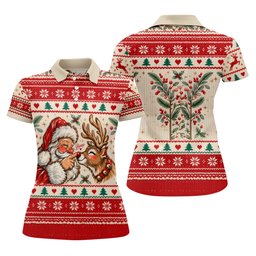 Santa Reindeer Christmas Golf Shirt, Golf Shirts For Women, Womens Golf Clothing