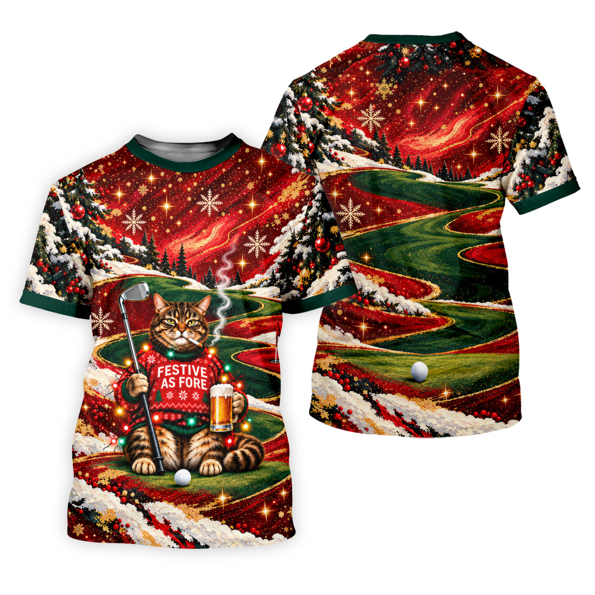 Cat Beer Snow Christmas Golf Shirt, Golf Shirts For Men, Mens Holiday Golf Shirts