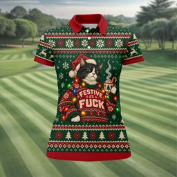 Festive Cat Lights Christmas Golf Shirt, Womens Golf Tops, Golf Shirts For Women