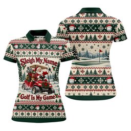 Sleigh My Name Golf Cart Christmas Golf Shirt, Womens Golf Tops, Womens Golf Apparel