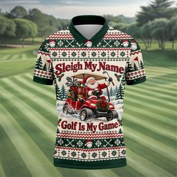 Sleigh My Name Golf Cart Christmas Golf Shirt, Mens Golf Polo, Mens Golf Apparel