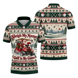 Sleigh My Name Golf Cart Christmas Golf Shirt, Mens Golf Polo, Mens Golf Apparel