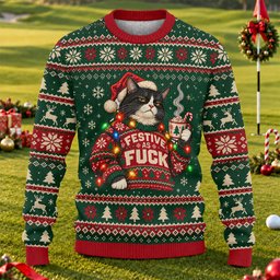 Ugly Christmas Sweater Festive Cat Lights, Ugly Sweater Party, Christmas Golf Gift