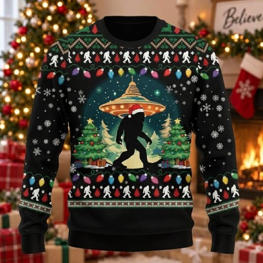 Bigfoot UFO Ugly Christmas Sweater