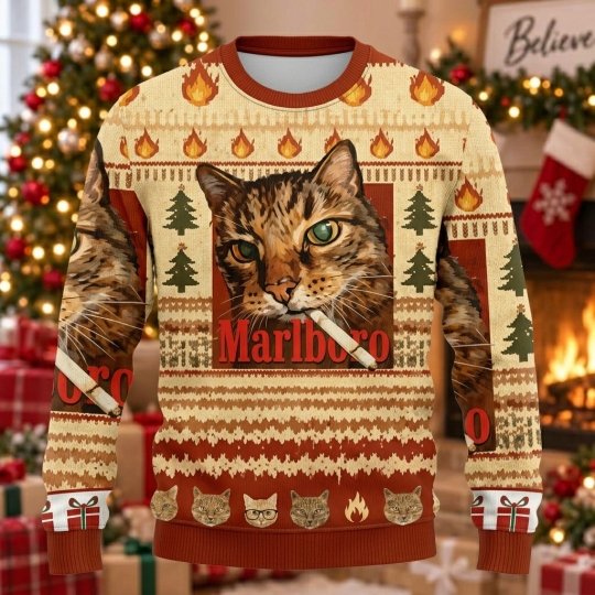 Smoking Tabby Cat Ugly Christmas Sweater