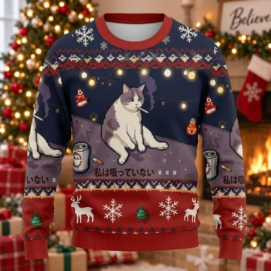 Smoking Cat At Night Ugly Christmas Sweater