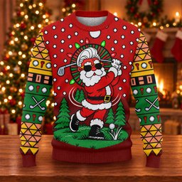 Cartoon Santa Golf Ugly Christmas Sweater - view 6