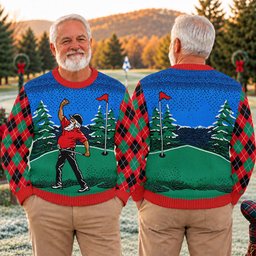 Christmas Golfer Red Plaid Ugly Sweater, Christmas Golf Gift, Funny Holiday Sweater