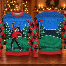 Golfer Red Plaid Ugly Christmas Sweater, Christmas Golf Gift, Funny Holiday Sweater - View 5