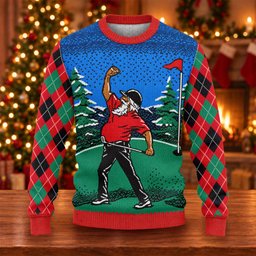 Christmas Golfer Red Plaid Ugly Sweater, Christmas Golf Gift, Funny Holiday Sweater