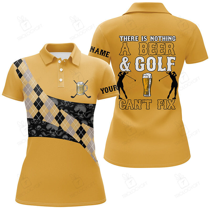 There Is Nothing A Beer & Golf Can'T Fix Polo Shirt Yellow Argyle Skull Golf Shirts For Women