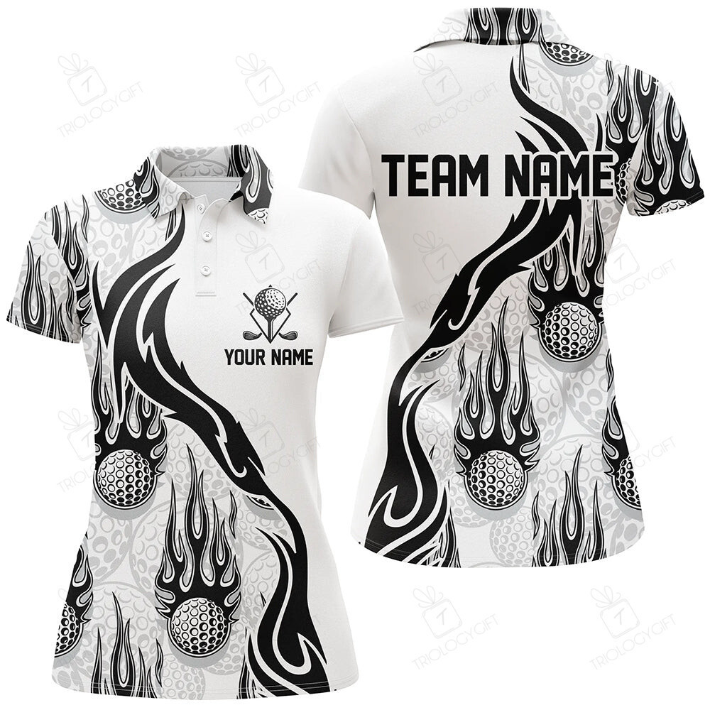 Flame Golf Ball Black White Golf Polo Shirt Personalized Golf Shirts For Women Golfing Gifts